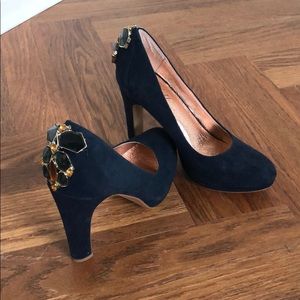 Navy Suede Pumps with Jeweled Heel